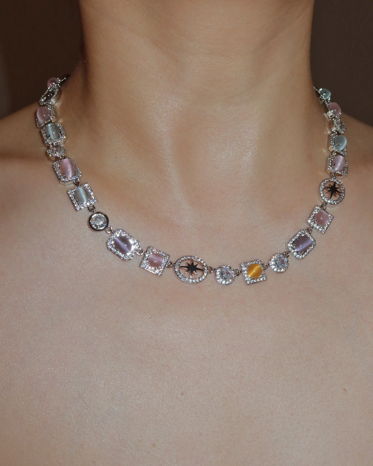 Shirley Colorful Crystal Geometric Silver Necklace & Bracelet