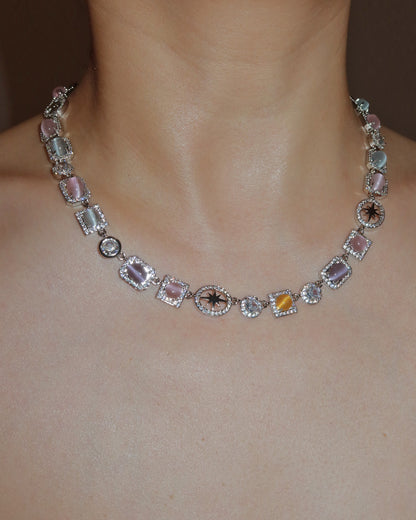 Shirley Colorful Crystal Geometric Silver Necklace & Bracelet