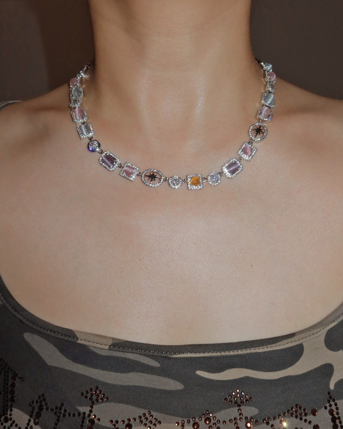Shirley Colorful Crystal Geometric Silver Necklace & Bracelet