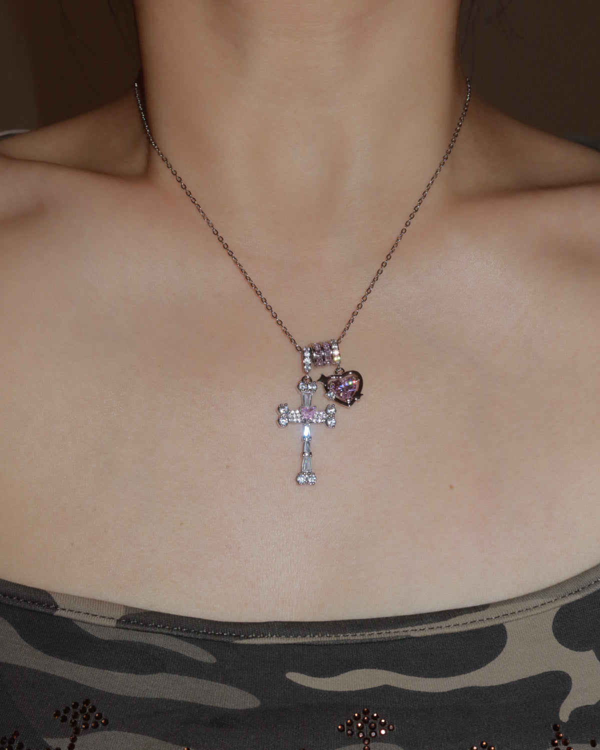Doreen Pink Heart Cross Silver Pendant Necklace
