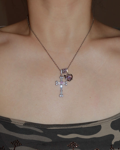 Doreen Pink Heart Cross Silver Pendant Necklace