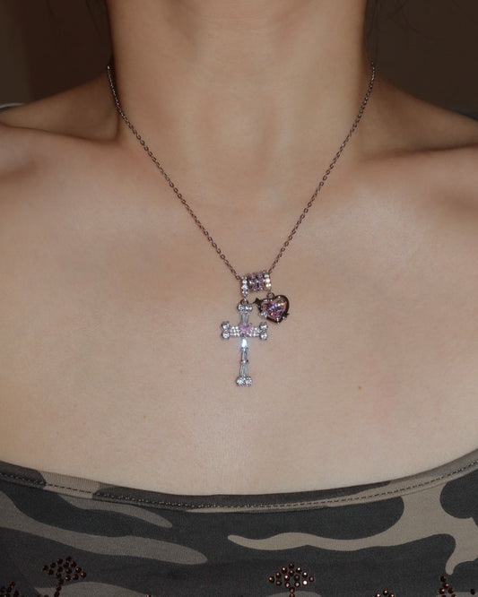 Doreen Pink Heart Cross Silver Pendant Necklace