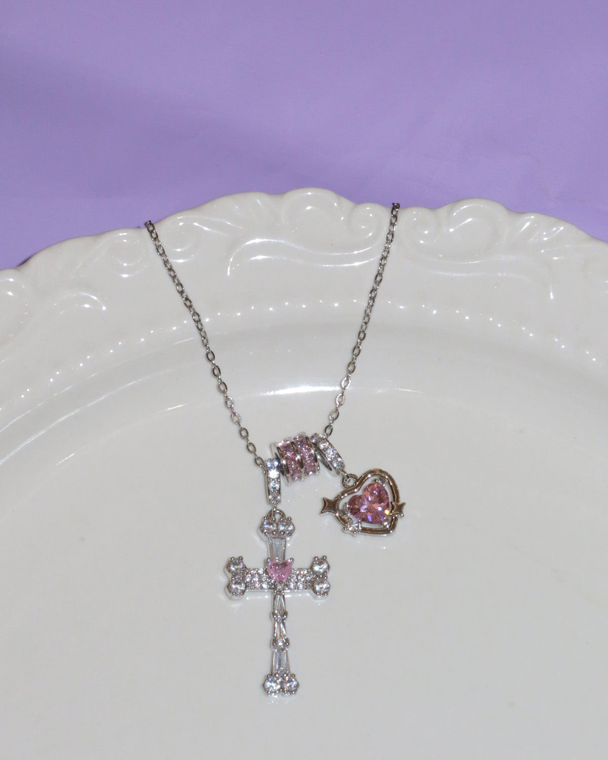 Doreen Pink Heart Cross Silver Pendant Necklace