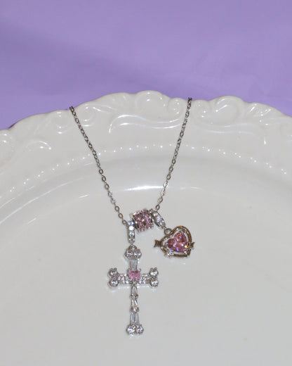 Doreen Pink Heart Cross Silver Pendant Necklace