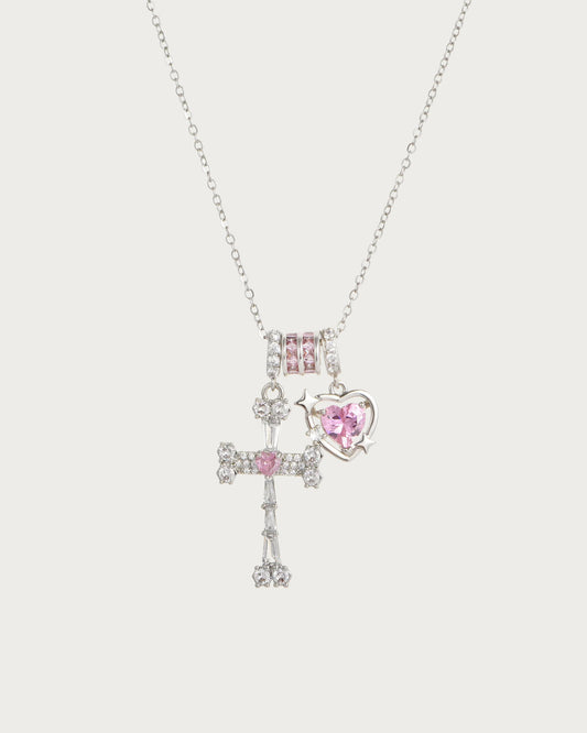 Doreen Pink Heart Cross Silver Pendant Necklace