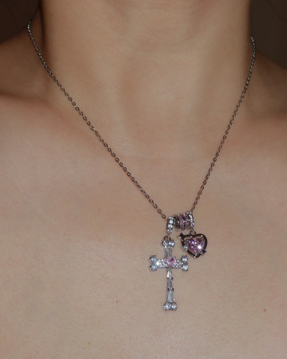 Doreen Pink Heart Cross Silver Pendant Necklace