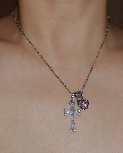 Doreen Pink Heart Cross Silver Pendant Necklace