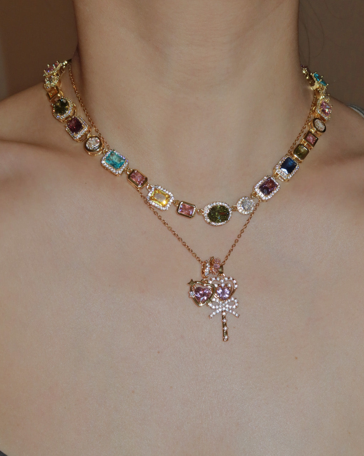 Aimee Heart Crystal Bow Golden Pendant Necklace