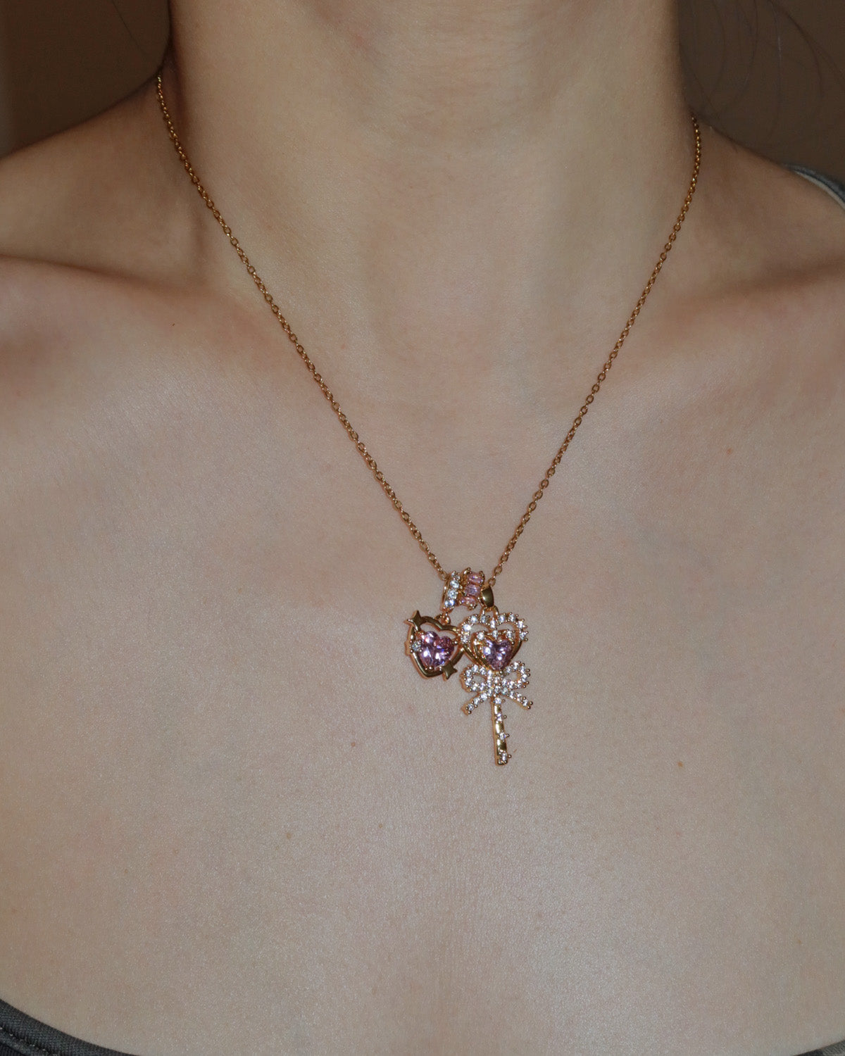 Aimee Heart Crystal Bow Golden Pendant Necklace