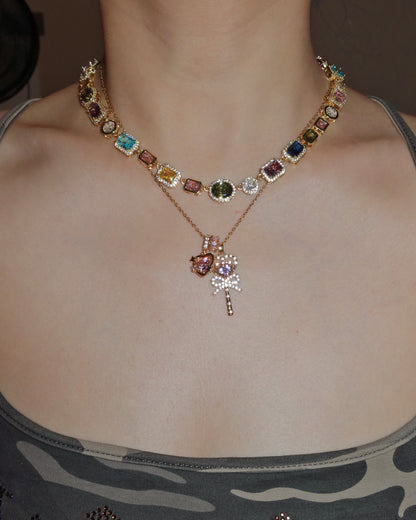 Aimee Heart Crystal Bow Golden Pendant Necklace