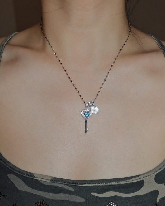 Aurelia Blue Crystal Heart Key Silver Necklace