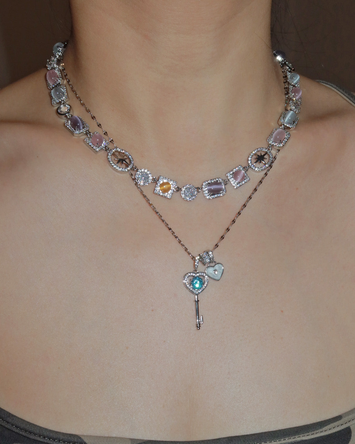 Aurelia Blue Crystal Heart Key Silver Necklace
