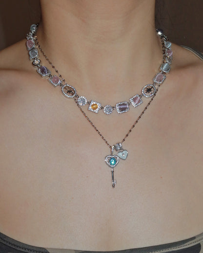 Aurelia Blue Crystal Heart Key Silver Necklace