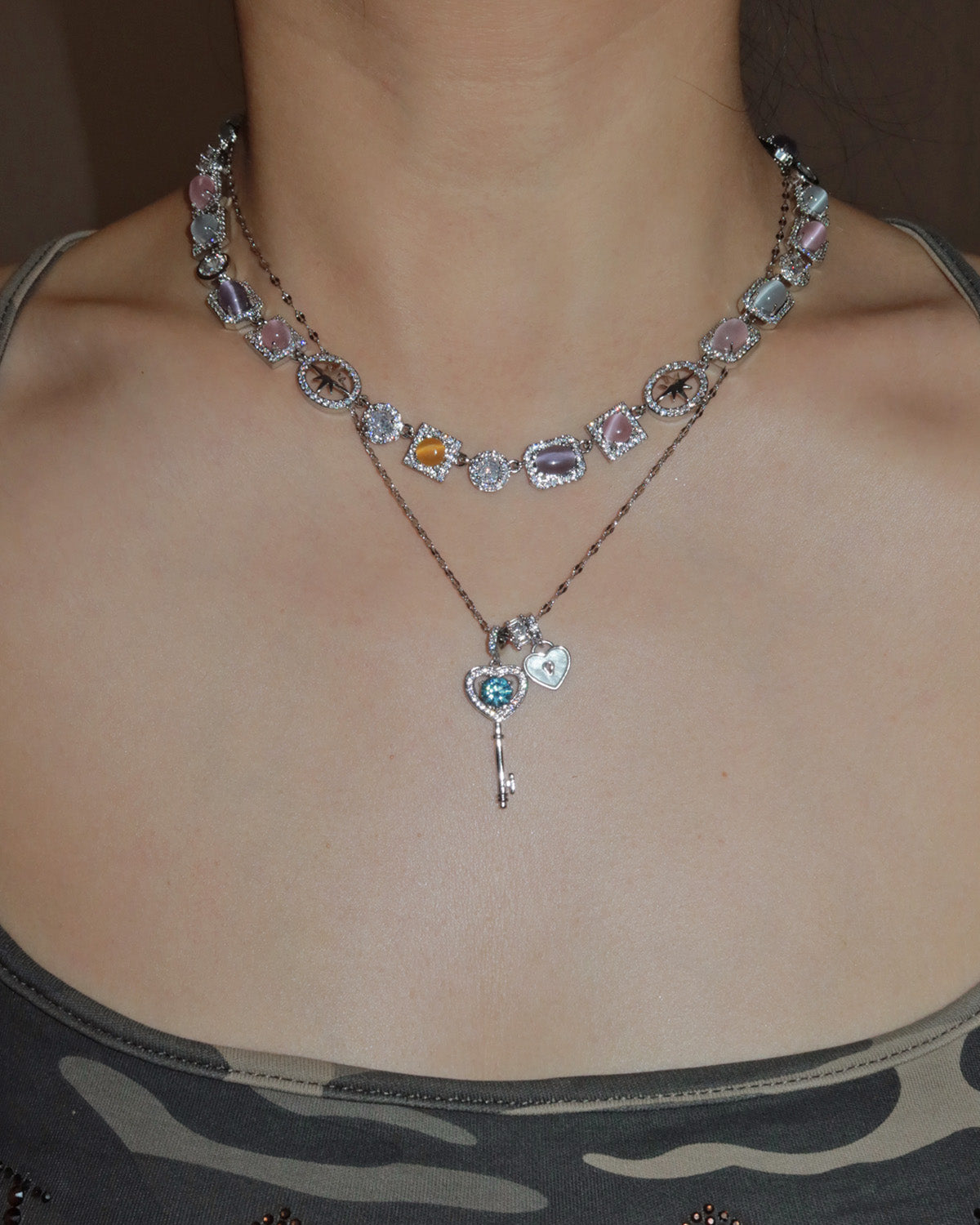Aurelia Blue Crystal Heart Key Silver Necklace
