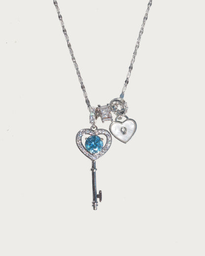 Aurelia Blue Crystal Heart Key Silver Necklace
