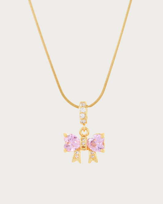 Rosabelle Pink Crystal Bow Golden Necklace