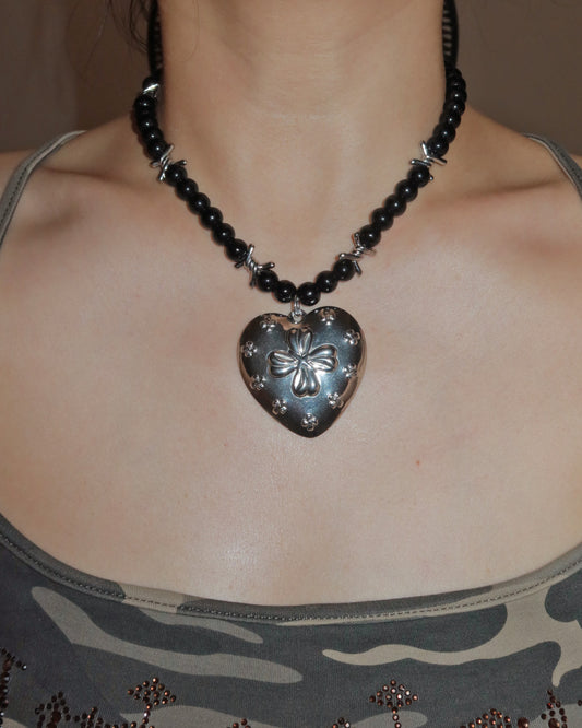 Lia Midnight Bloom Black Beaded Heart Silver Necklace