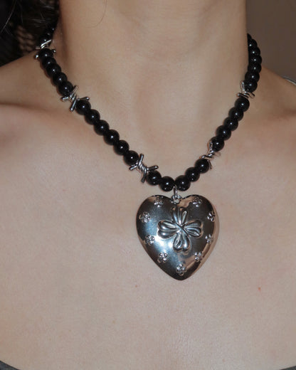 Lia Midnight Bloom Black Beaded Heart Silver Necklace