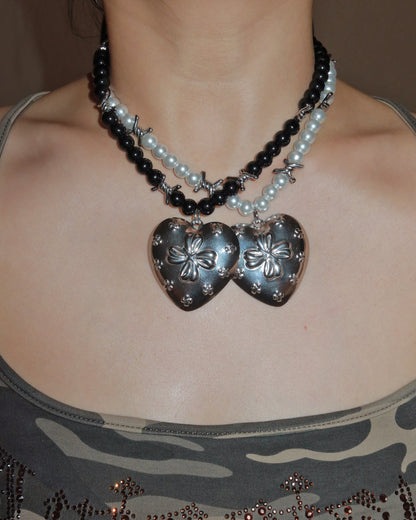 Lia Midnight Bloom Black Beaded Heart Silver Necklace