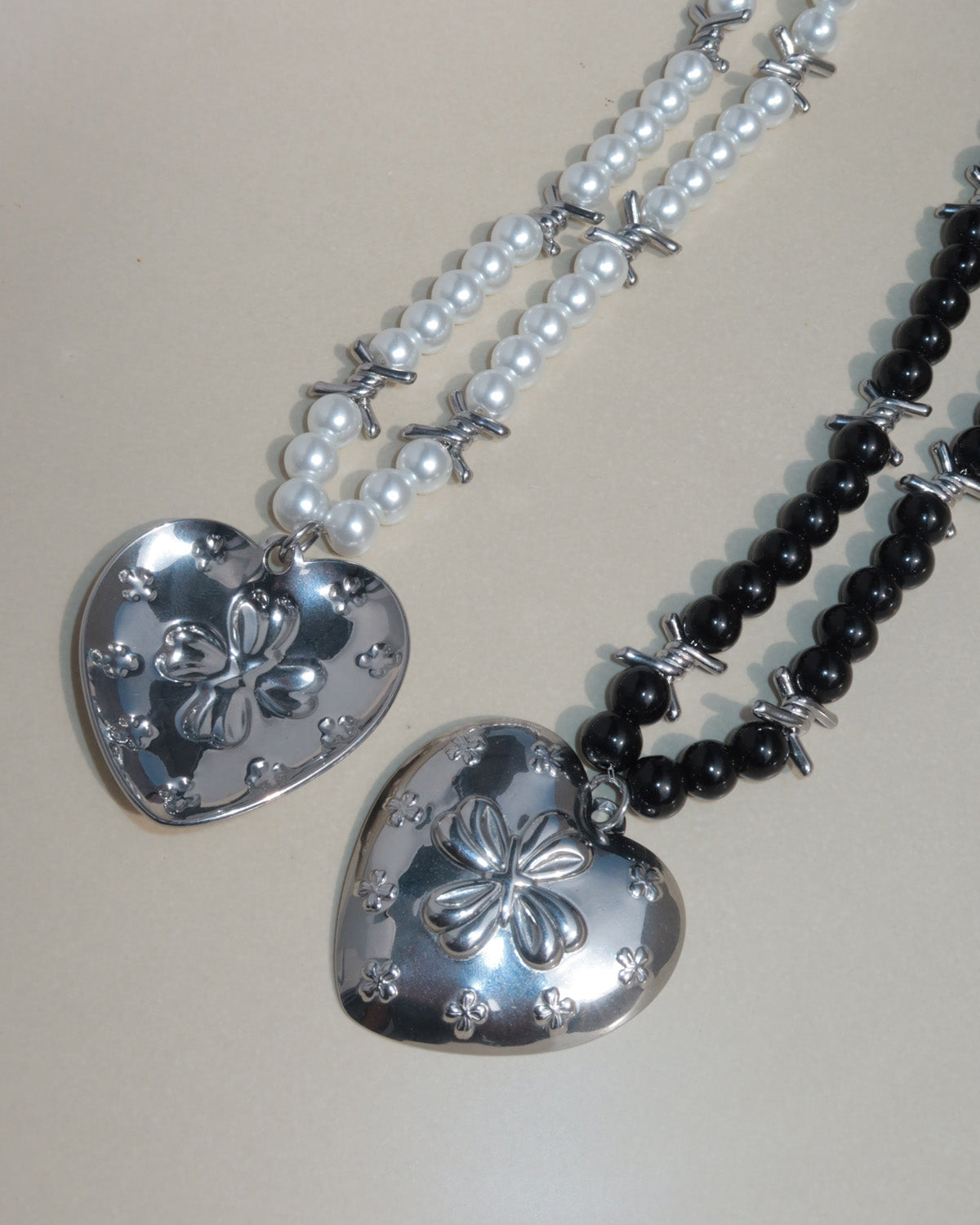 Lia Midnight Bloom Black Beaded Heart Silver Necklace
