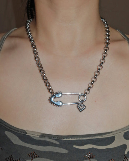 Zella Charm Safety Pin Heart Silver Necklace
