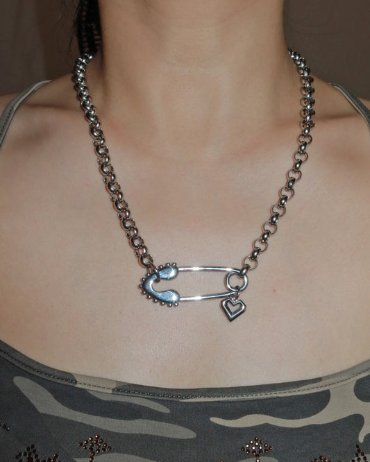 Zella Charm Safety Pin Heart Silver Necklace