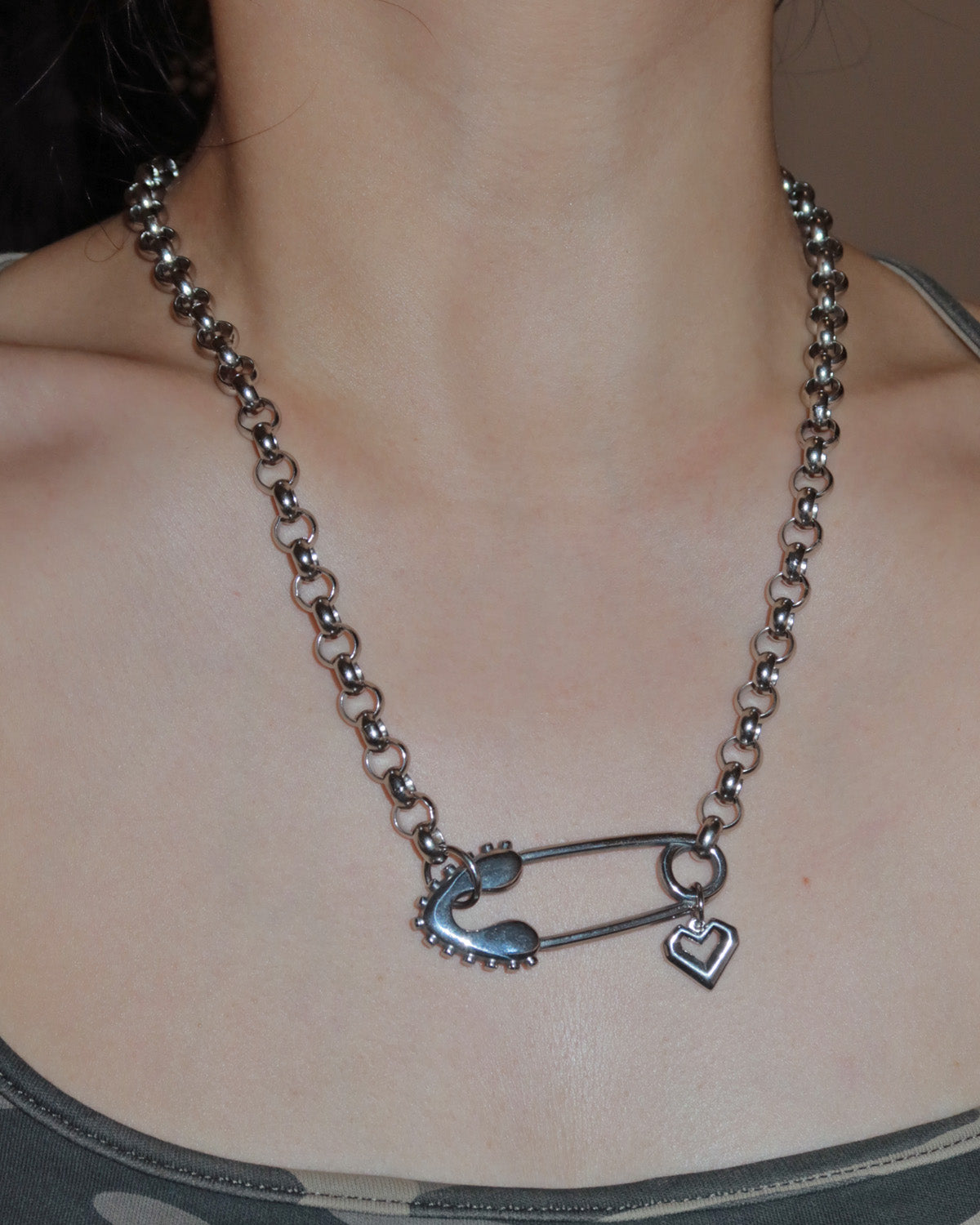 Zella Charm Safety Pin Heart Silver Necklace
