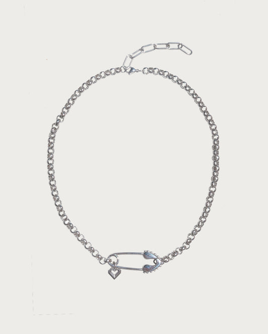 Zella Charm Safety Pin Heart Silver Necklace