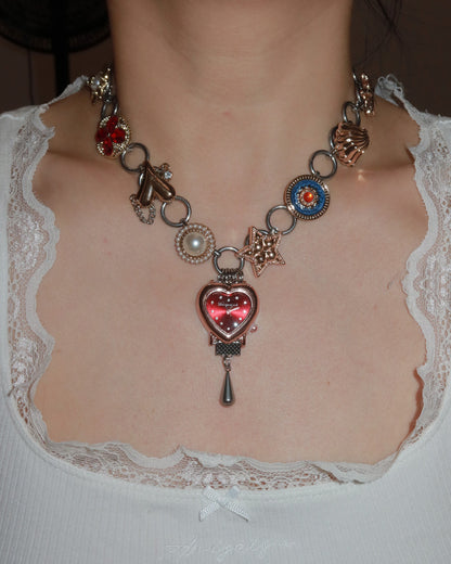 Willow Whimsical Button & Floral Red Heart Clock Face Silver Necklace