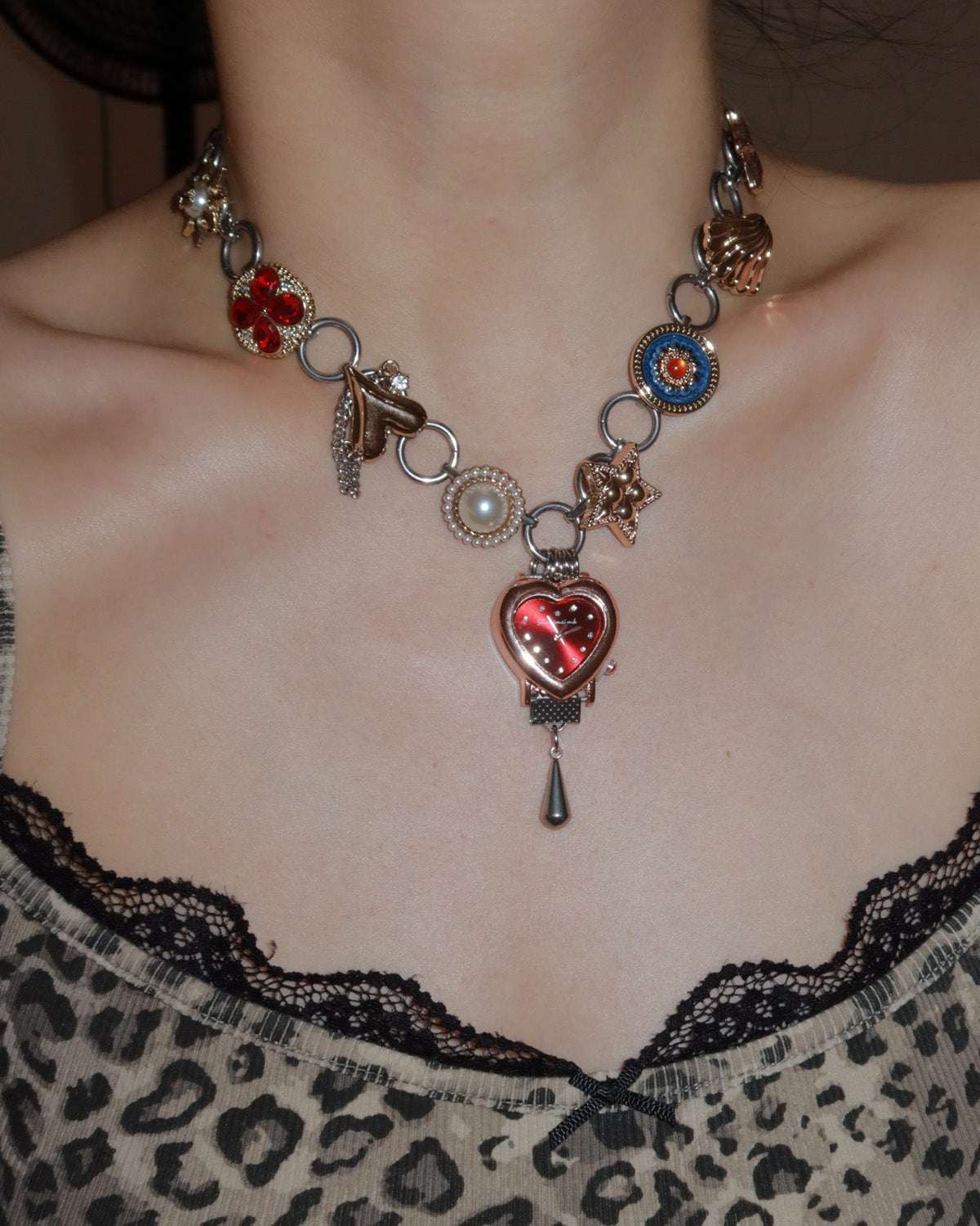 Willow Whimsical Button & Floral Red Heart Clock Face Silver Necklace