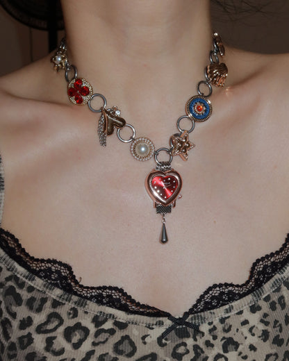 Willow Whimsical Button & Floral Red Heart Clock Face Silver Necklace
