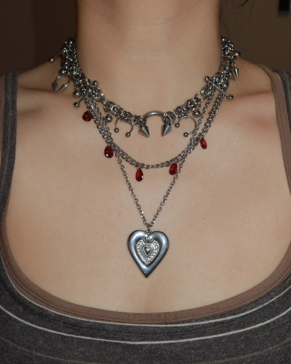Isolde Red Crystal Heart Layered Silver Necklace