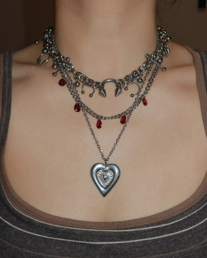 Isolde Red Crystal Heart Layered Silver Necklace