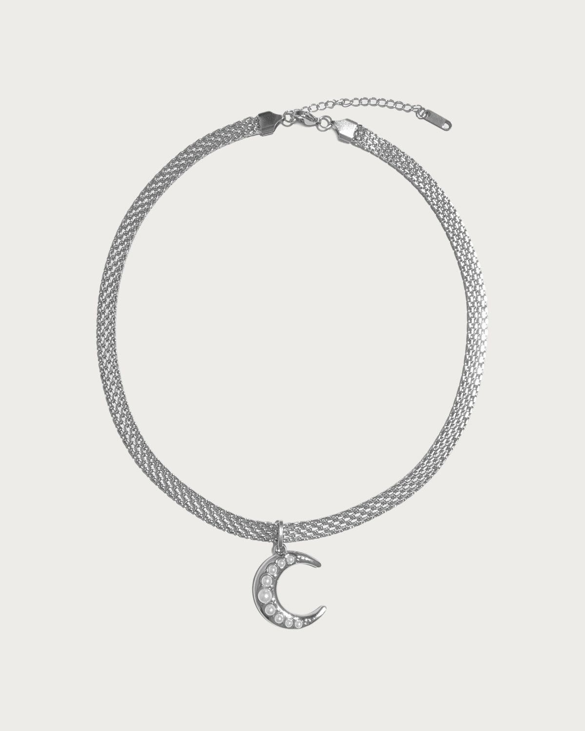 Evelisse Moon Pearl Woven Chain Silver Necklace