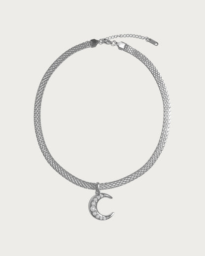 Evelisse Moon Pearl Woven Chain Silver Necklace