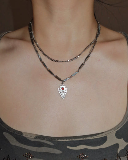 Nyra Red Tribal Arrowhead Layered Silver Pendant Necklace