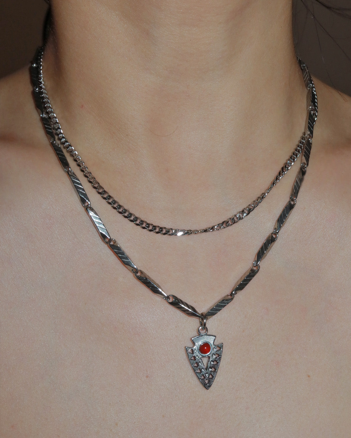 Nyra Red Tribal Arrowhead Layered Silver Pendant Necklace