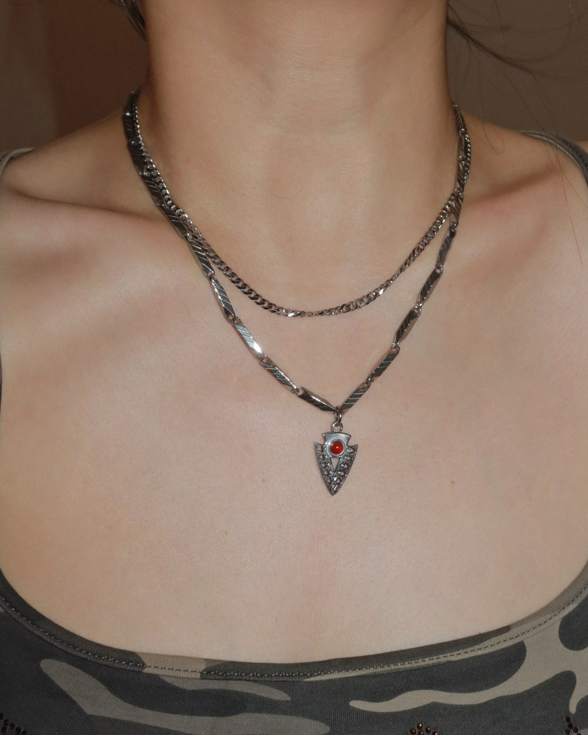 Nyra Red Tribal Arrowhead Layered Silver Pendant Necklace