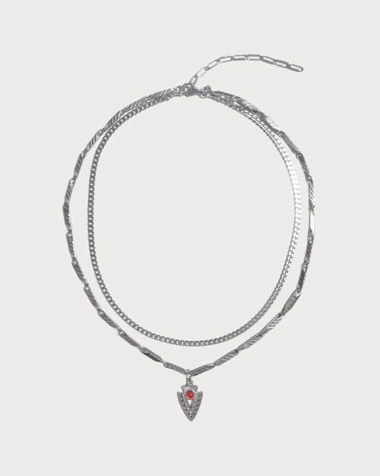 Nyra Red Tribal Arrowhead Layered Silver Pendant Necklace