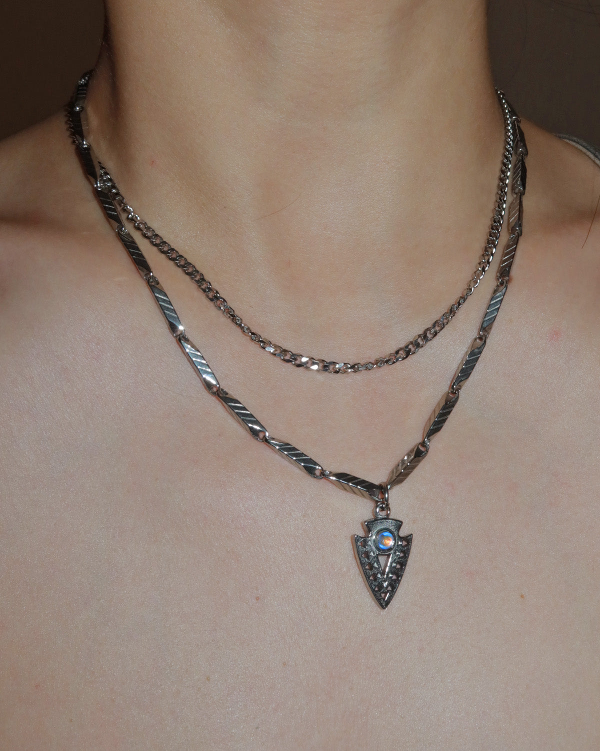 Nyra Tribal Arrowhead Layered Silver Pendant Necklace