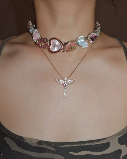 Virelle Angel Wing Pink Heart Cross Golden Necklace