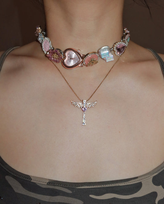 Virelle Angel Wing Pink Heart Cross Golden Necklace