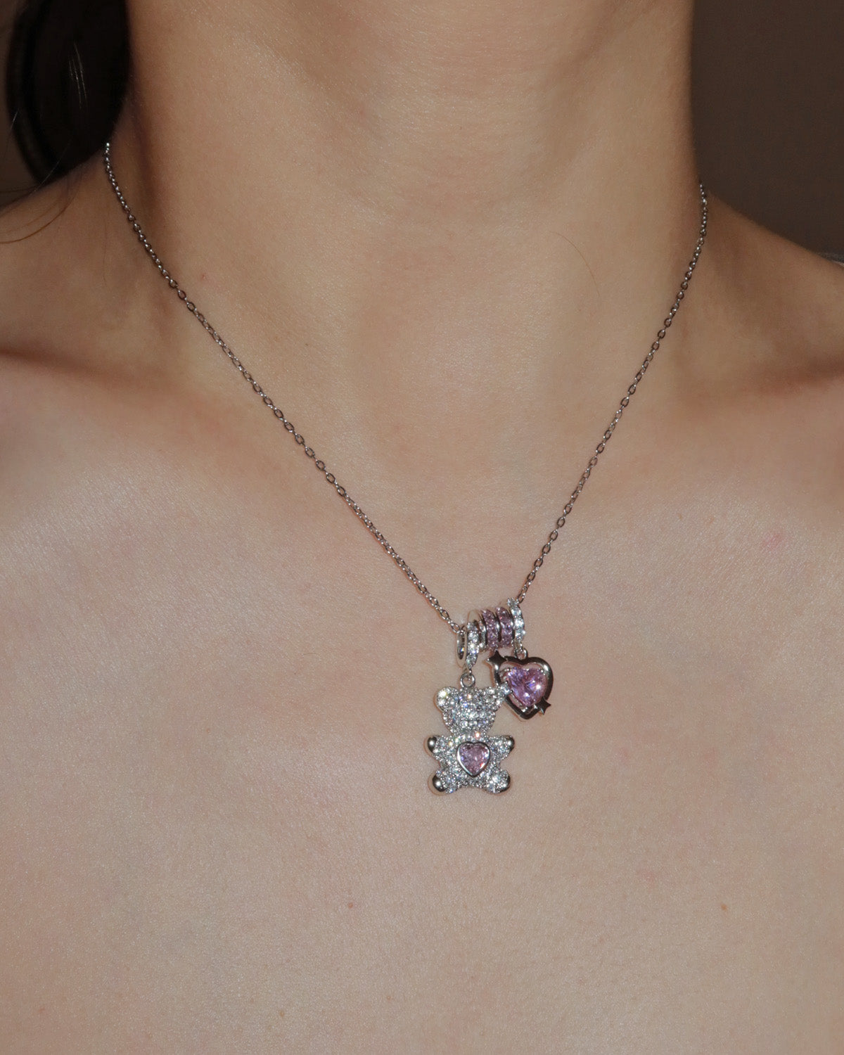 Pippa Bearheart Pink Heart Silver Necklace