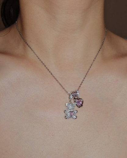 Pippa Bearheart Pink Heart Silver Necklace