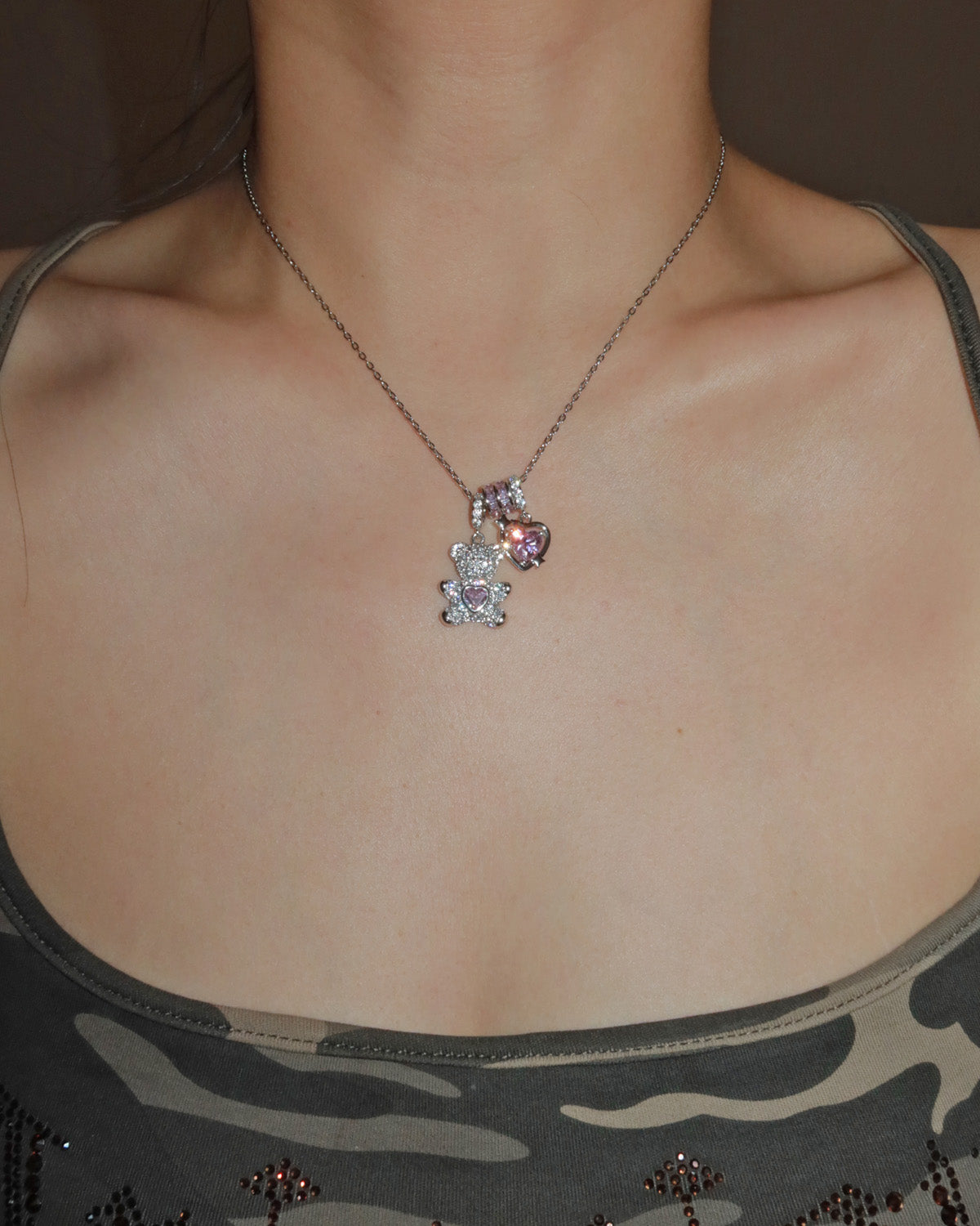 Pippa Bearheart Pink Heart Silver Necklace