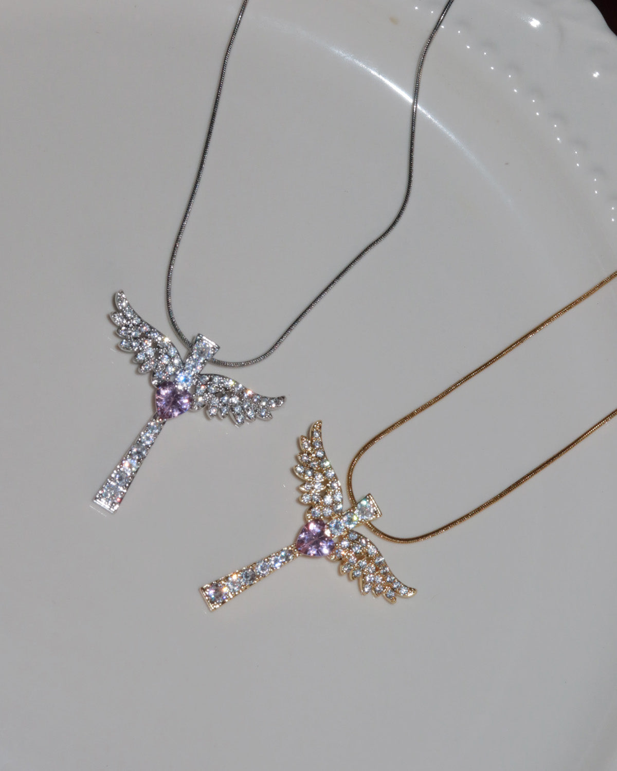 Virelle Angel Wing Pink Heart Cross Golden Necklace