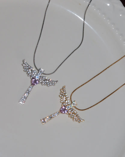 Virelle Angel Wing Pink Heart Cross Golden Necklace