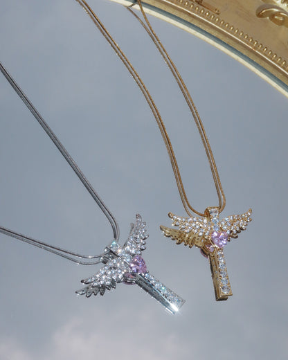 Virelle Angel Wing Pink Heart Cross Golden Necklace