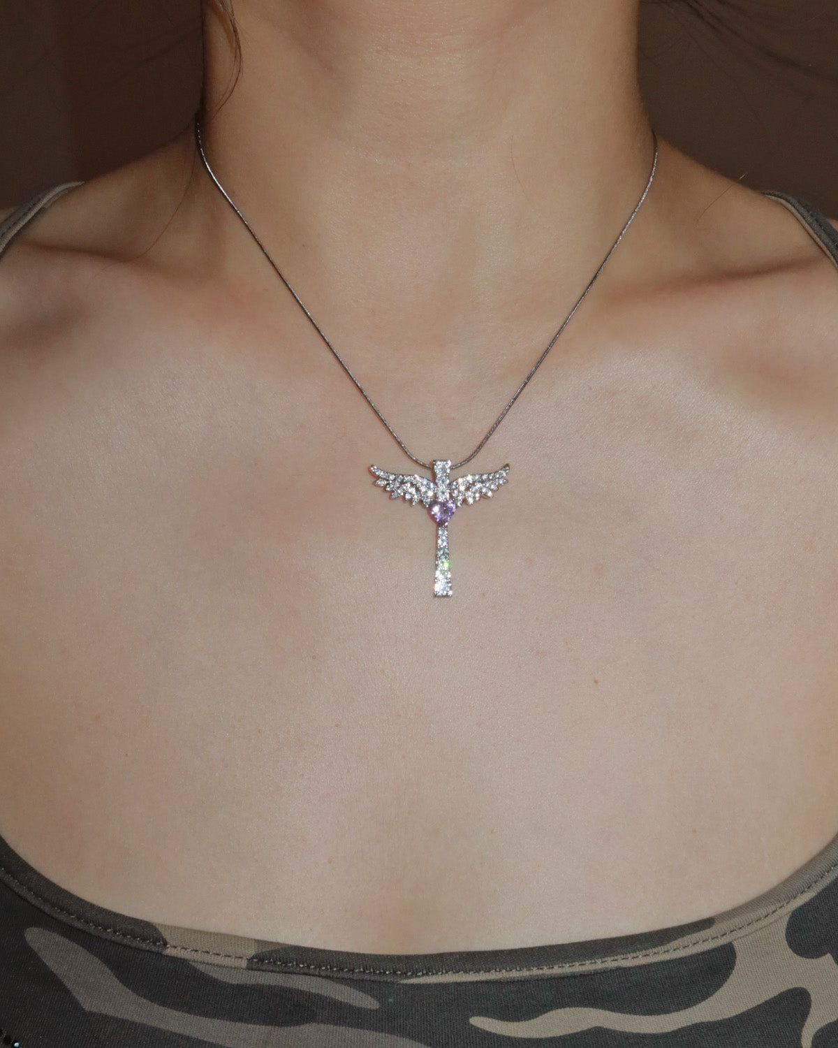 Virelle Angel Wing Pink Heart Cross Silver Necklace