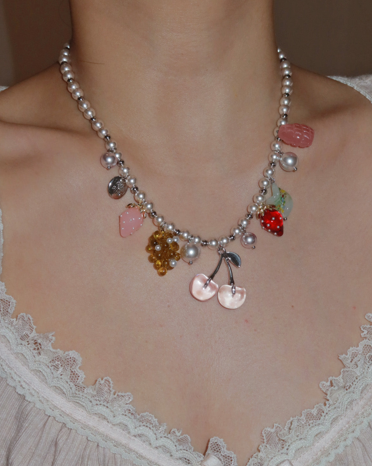 Berry Kisses Cherry Strawberry Pearl Silver Jewelry Set